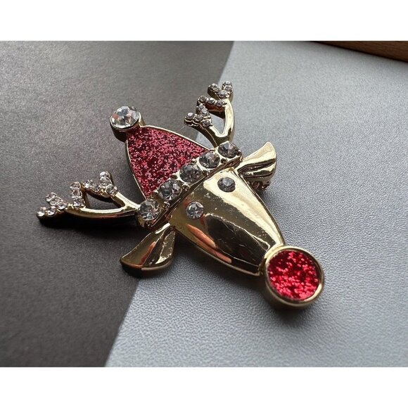 Vintage 60s Signed OPIM GOLDTONE Christmas Tree & Reindeer Rhinestone Pin Brooch - Picture 5 of 6